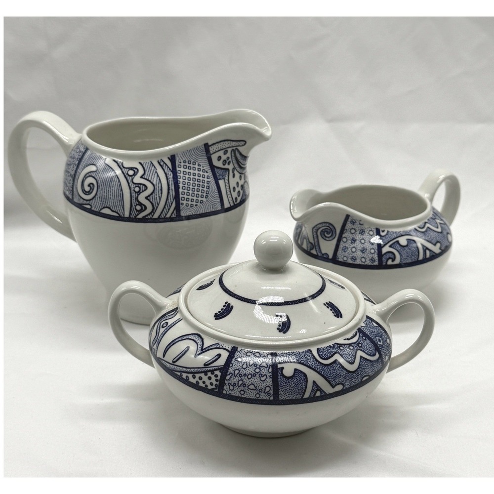 Habitat Blueprint Blue White Creamer Sugar Bowl Set Made in England Ceramic 3pc